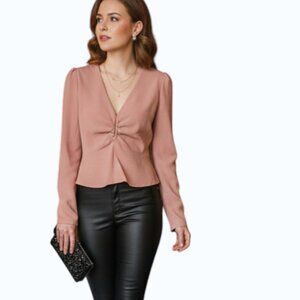 Idem Ditto Rose Tan Ruched Peplum Top - Size Small - NWT $98